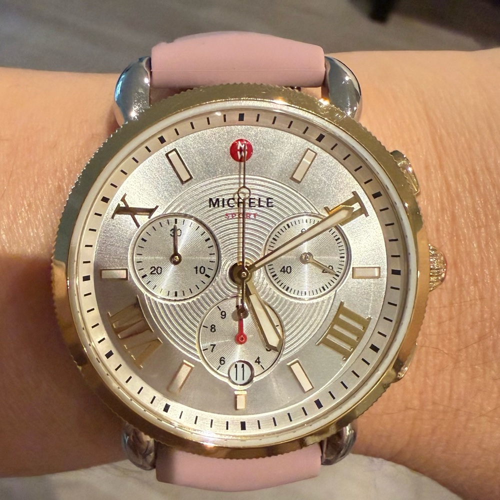 Michele Silver and Gold Chronograph Watch with Pink Strap